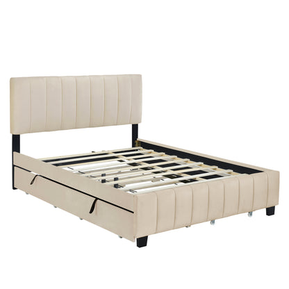 Queen Size Velvet Upholstered Platform Bed with 2 Drawers and 1 Twin XL Trundle- Beige image 5