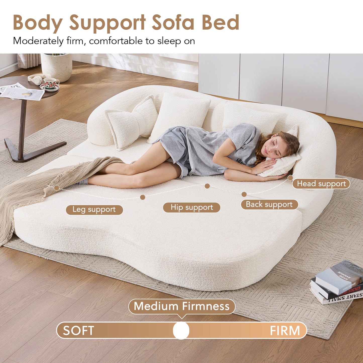 (Old Sku: W2231P392100) 2-in-1 Foldable Sofa Bed,70 Inch Folding Boneless Couch Convertible Compressed Sleeper Sofabed, 4 Pillows for Living Room Apartment, Milk White image 5