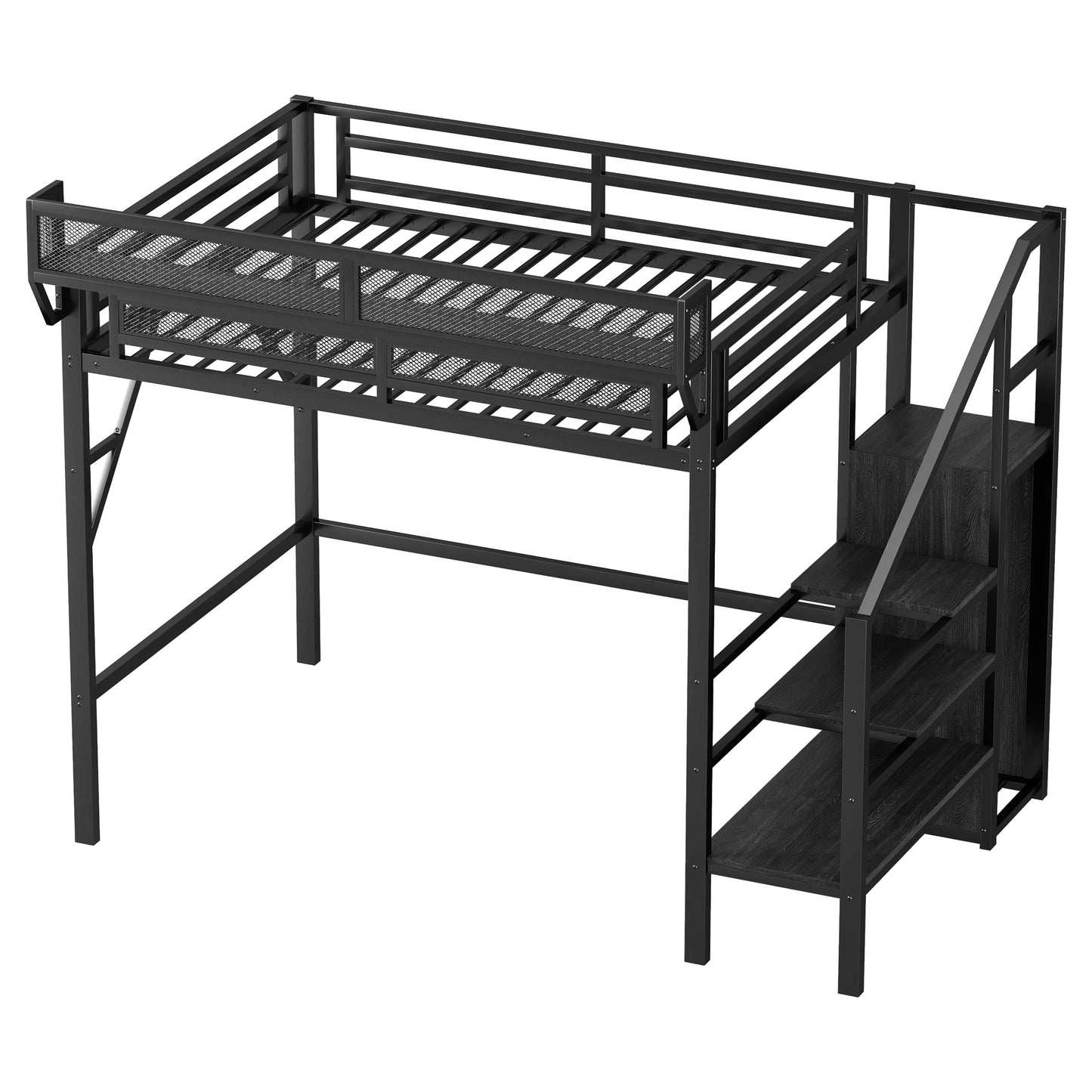 Twin Size Loft Bed with Stairs, Metal Full Loft Bed with Storage Shelves, High Loft Bed with Wardrobe for Kids Teens, Black image 9