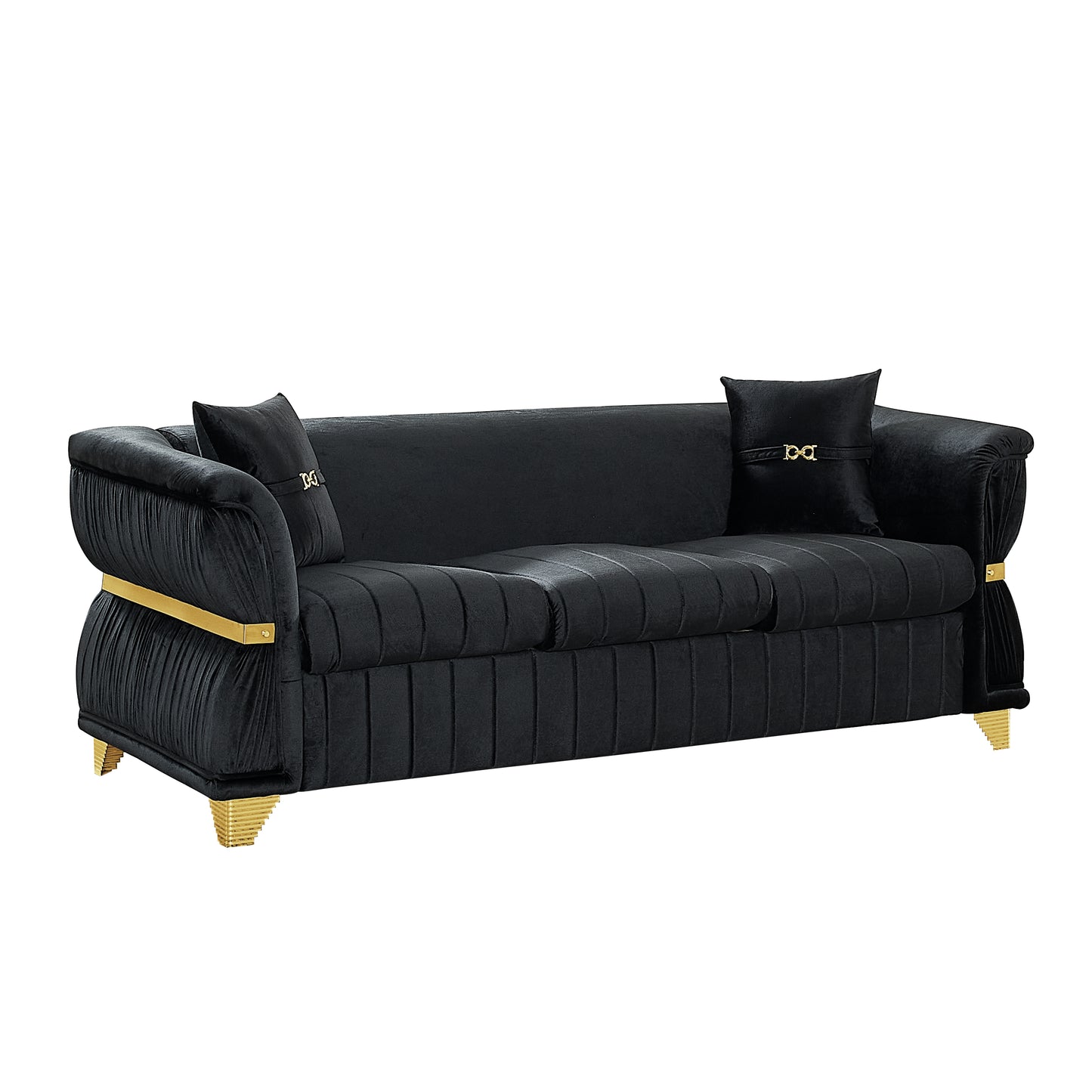 83.5"Modern Velvet 3-Seater Sofa with 2 Pillows, Upholstered Accent Couch with Gold Metal Trim, Tapered Gold-Tone Legs & Curved Armrests for Living Room, Bedroom & Apartment, Black image 10
