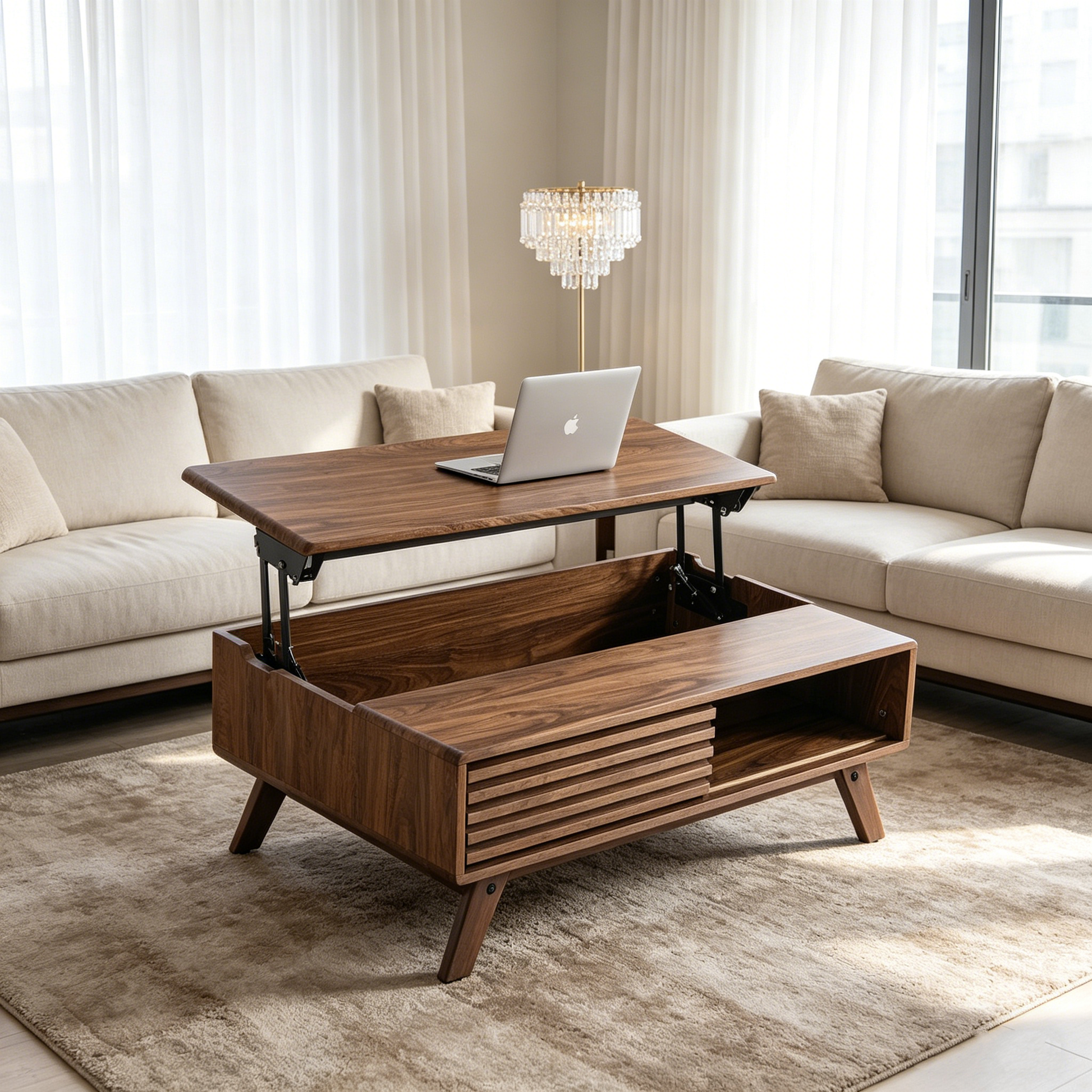 39.37" Mid-Century Walnut Lift Top Coffee Table, Multifunctional Lift-Up Coffee Table with Hidden Storage & Open Shelf for Living Room image 8