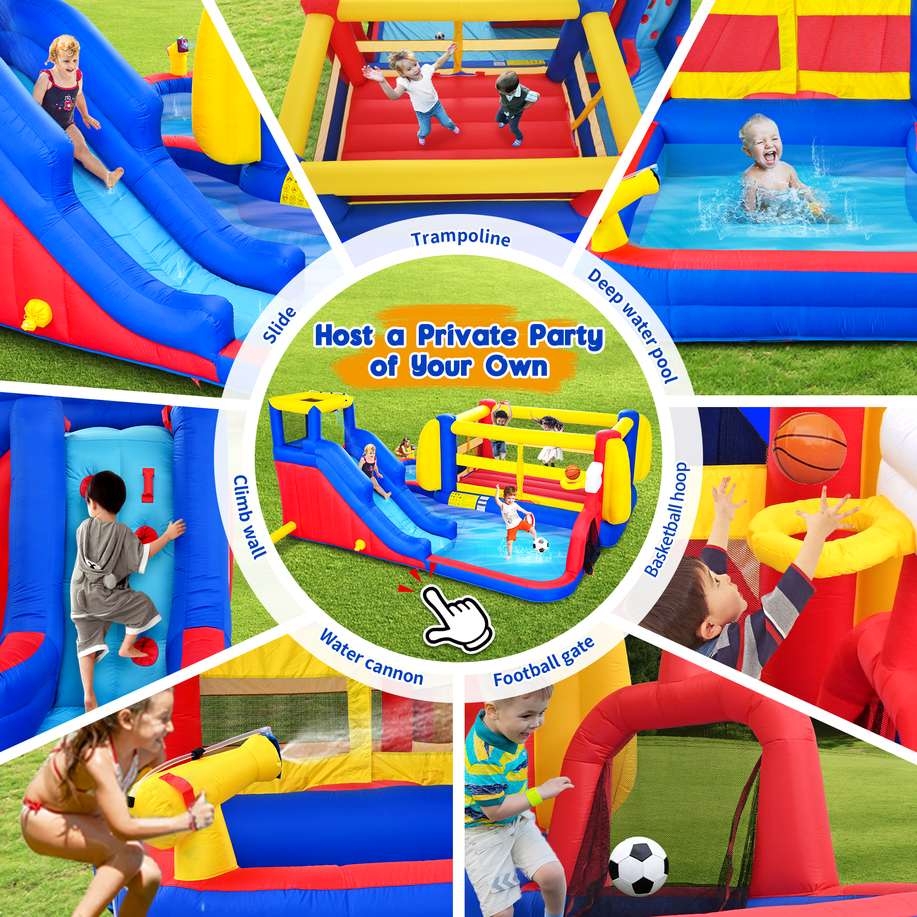 7 in1 Inflatable Slide Water Park with Deep Water Pool Basketball Hoop Football Gate Water Cannon Climb Wall Bounce House for Kids image 2