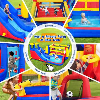 7 in1 Inflatable Slide Water Park with Deep Water Pool Basketball Hoop Football Gate Water Cannon Climb Wall Bounce House for Kids image 2