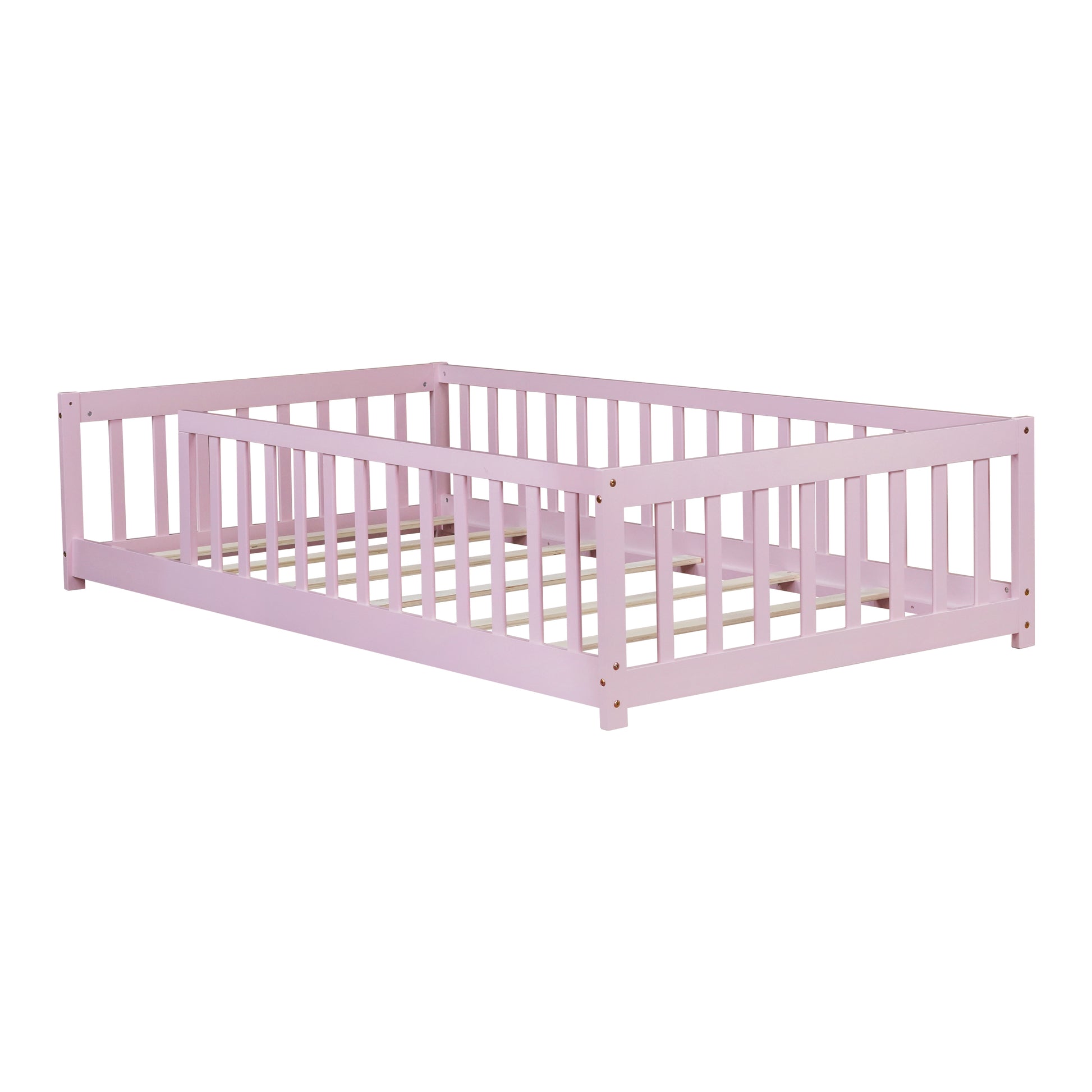 Twin Size Floor Bed with Fence without Door, Rubber Wood Floor Bed with Safety Guardrails,Pink (Old Sku W504P296798) image 3