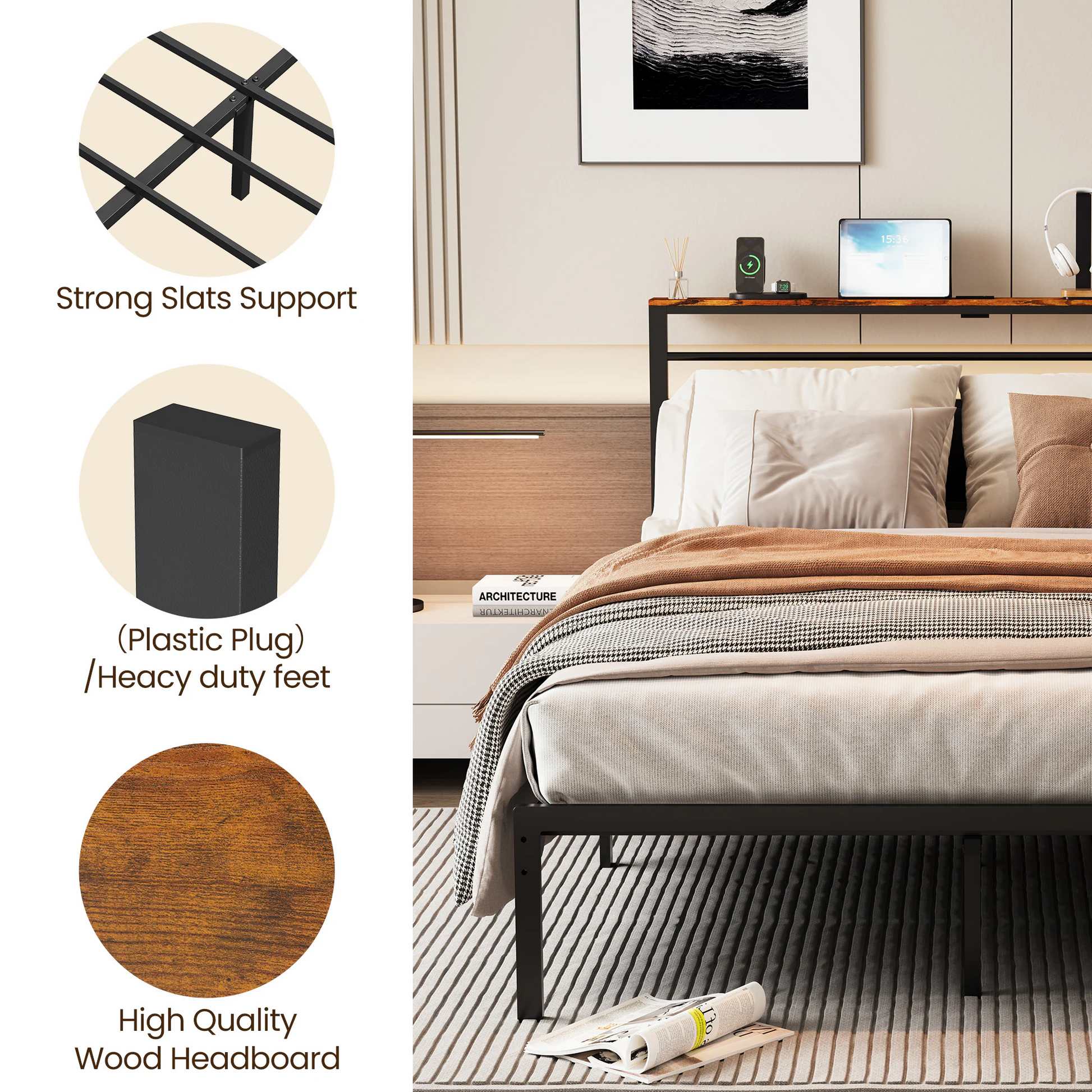 Queen Size Bed Frame with Charging Station, Platform Bed with Metal Slats, Upholstered Headboard with Storage Shelves, No Box Spring Needed, Black image 5