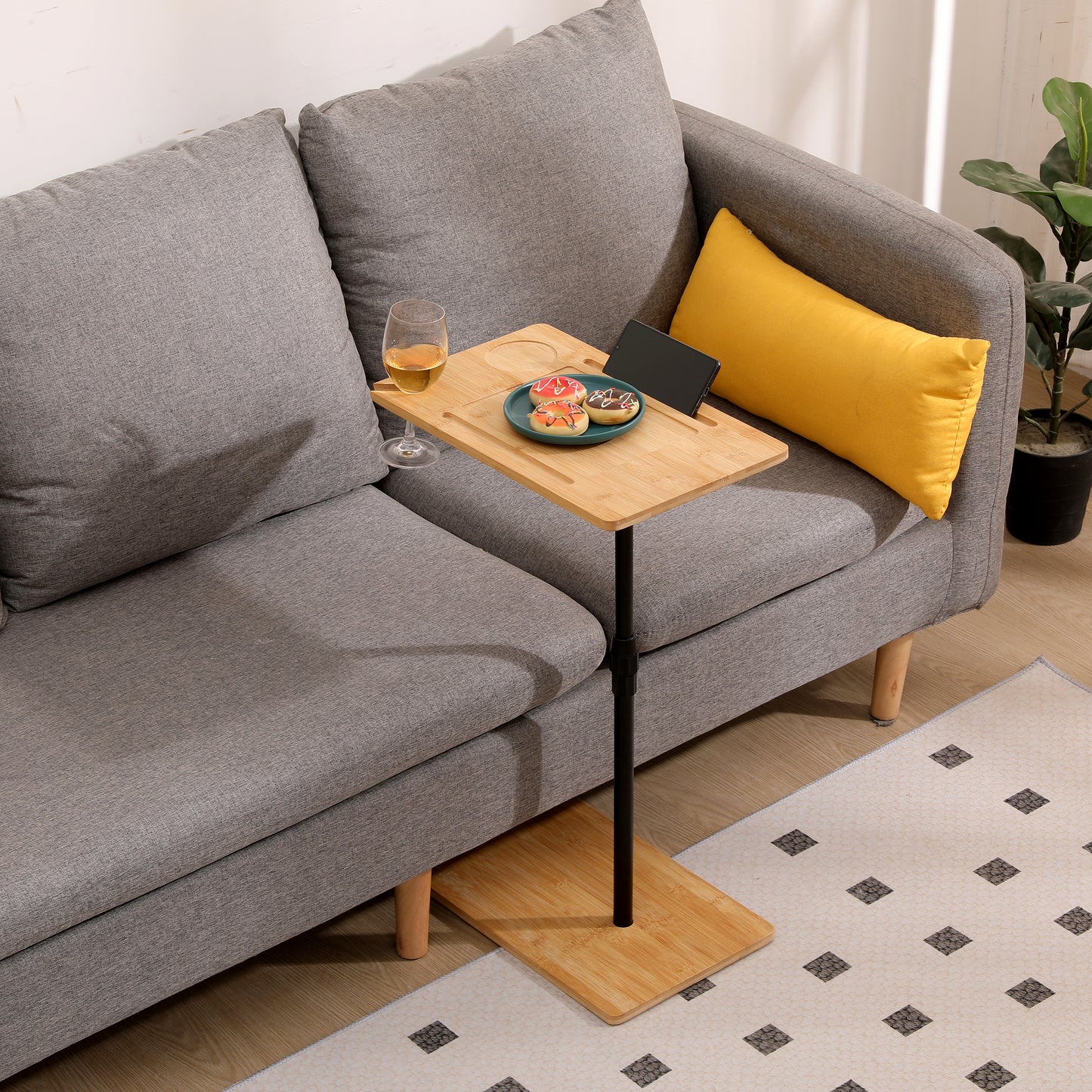 Bamboo Couch Tray Table Height Adjustable C-Shaped End Table with Slots 2 Tier Sofa Side Table for Living Room & Bedroom (Rectangle + Rectangle) image 8