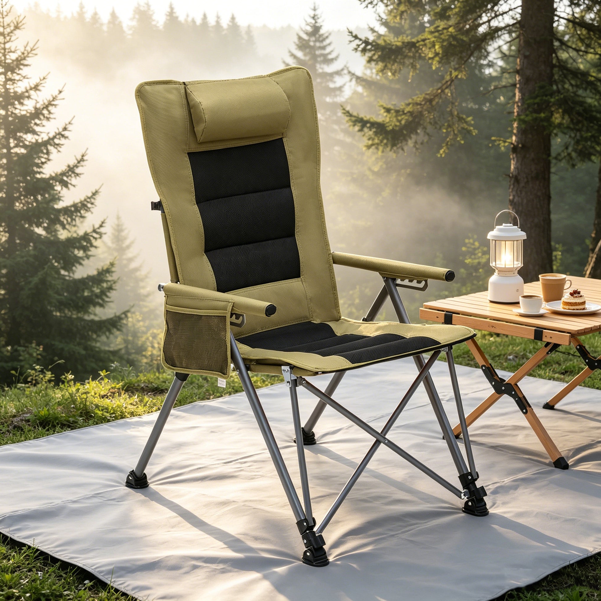 5-Position Adjustable Reclining Camping Chair, Side Pocket & Carry Bag, Heavy Duty, Portable Outdoor Chair for Beach, Camping, Patio,khaki image 4