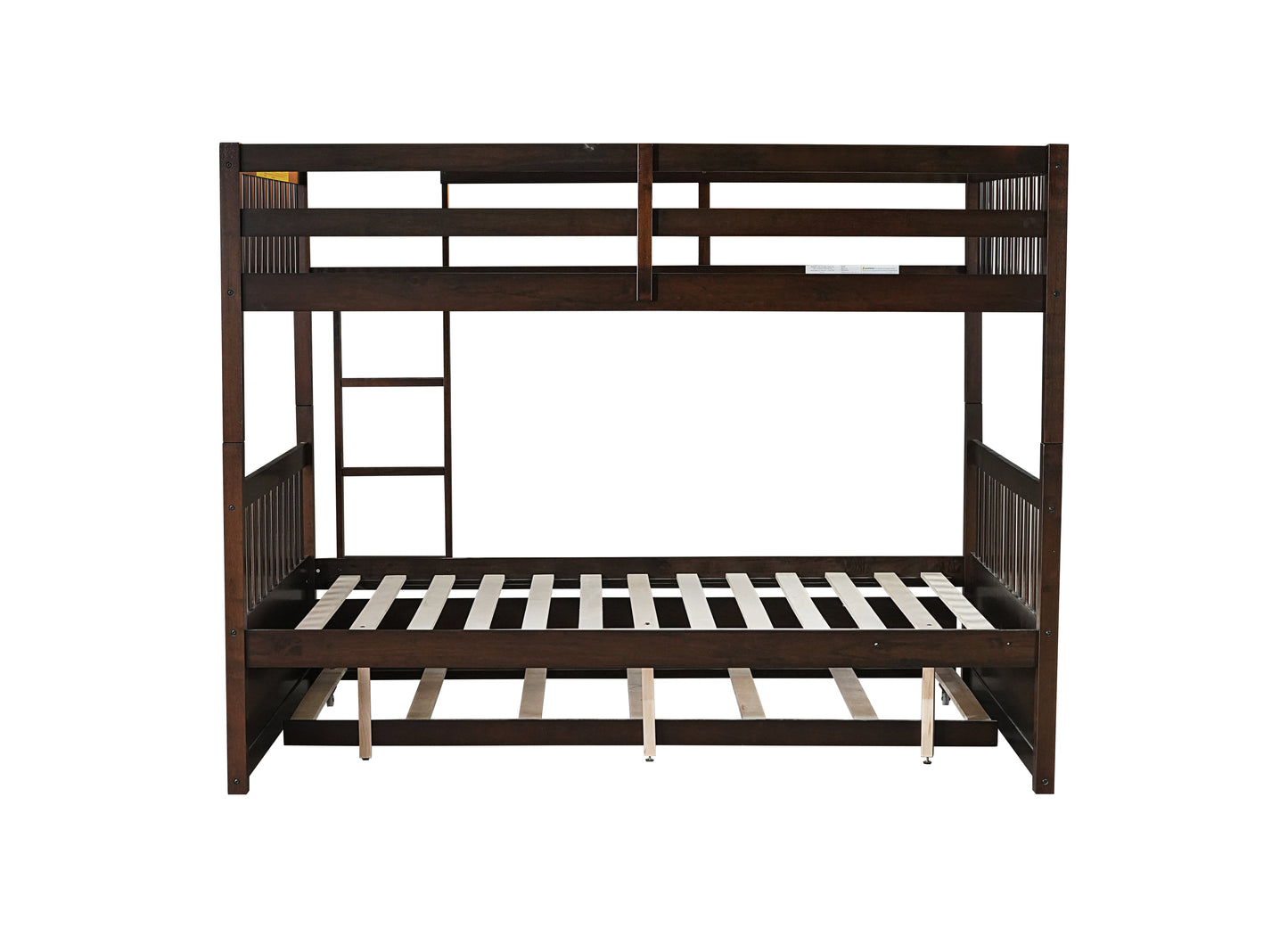 Full Over Full Rubber Wood Bunk Bed with Trundle, Ladder and Guardrails, Convertible to 2 Full Size Beds, with Twin Size Trundle,Espresso image 7
