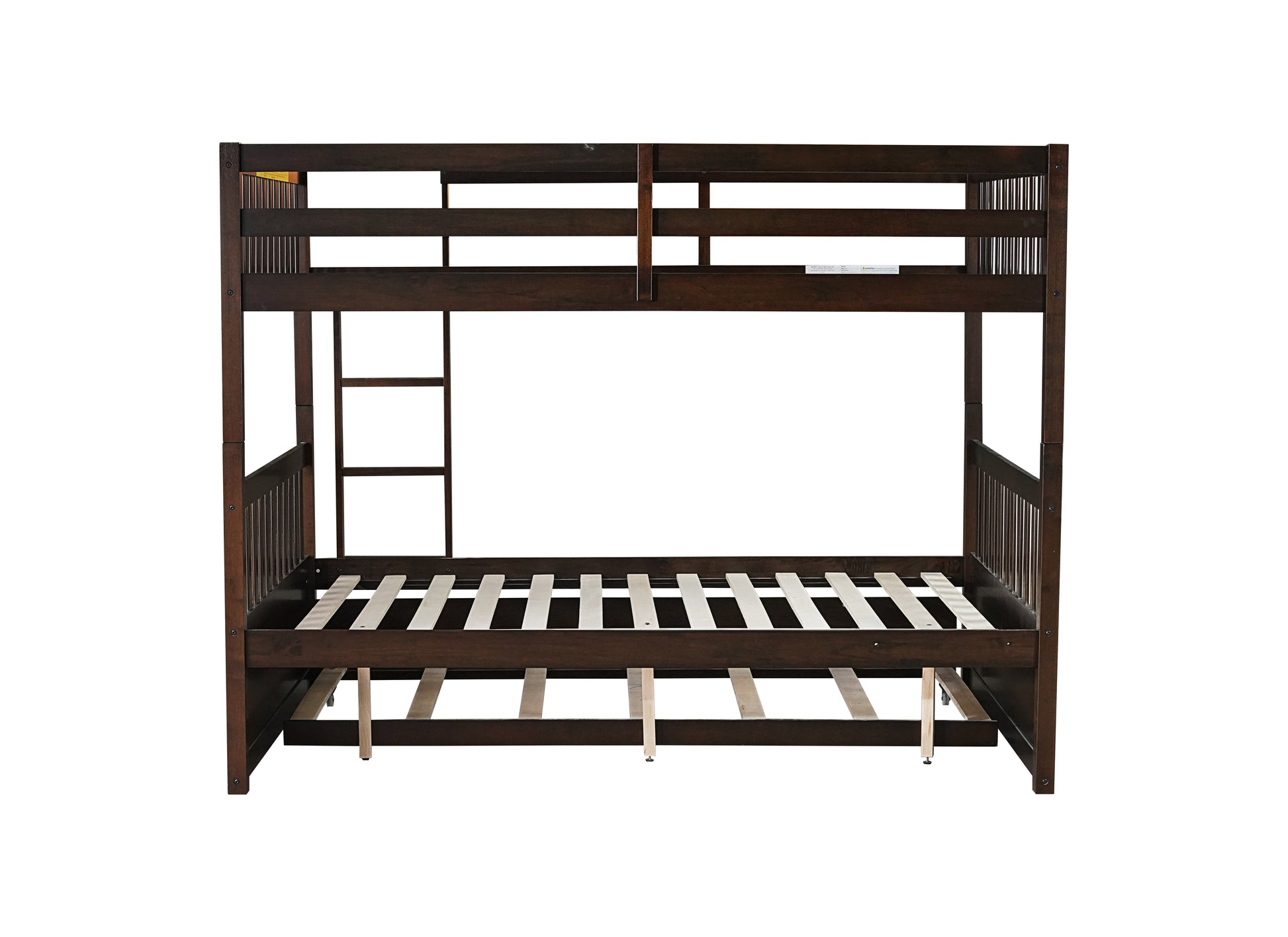 Full Over Full Rubber Wood Bunk Bed with Trundle, Ladder and Guardrails, Convertible to 2 Full Size Beds, with Twin Size Trundle,Espresso image 7