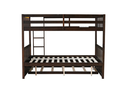 Full Over Full Rubber Wood Bunk Bed with Trundle, Ladder and Guardrails, Convertible to 2 Full Size Beds, with Twin Size Trundle,Espresso image 7