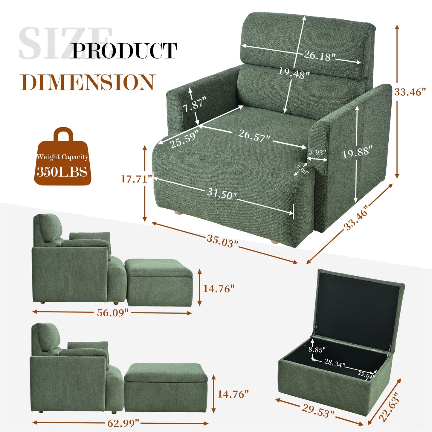 Oversized Chair w/Storage Ottoman, Wide Accent Armchair Chair for Living Room, Modern Lounge Chair, Upholstered Mid-Century Reading Chair, Comfy Living Room Chair, Deep Seat Sofa Couch(Dark Green) image 10