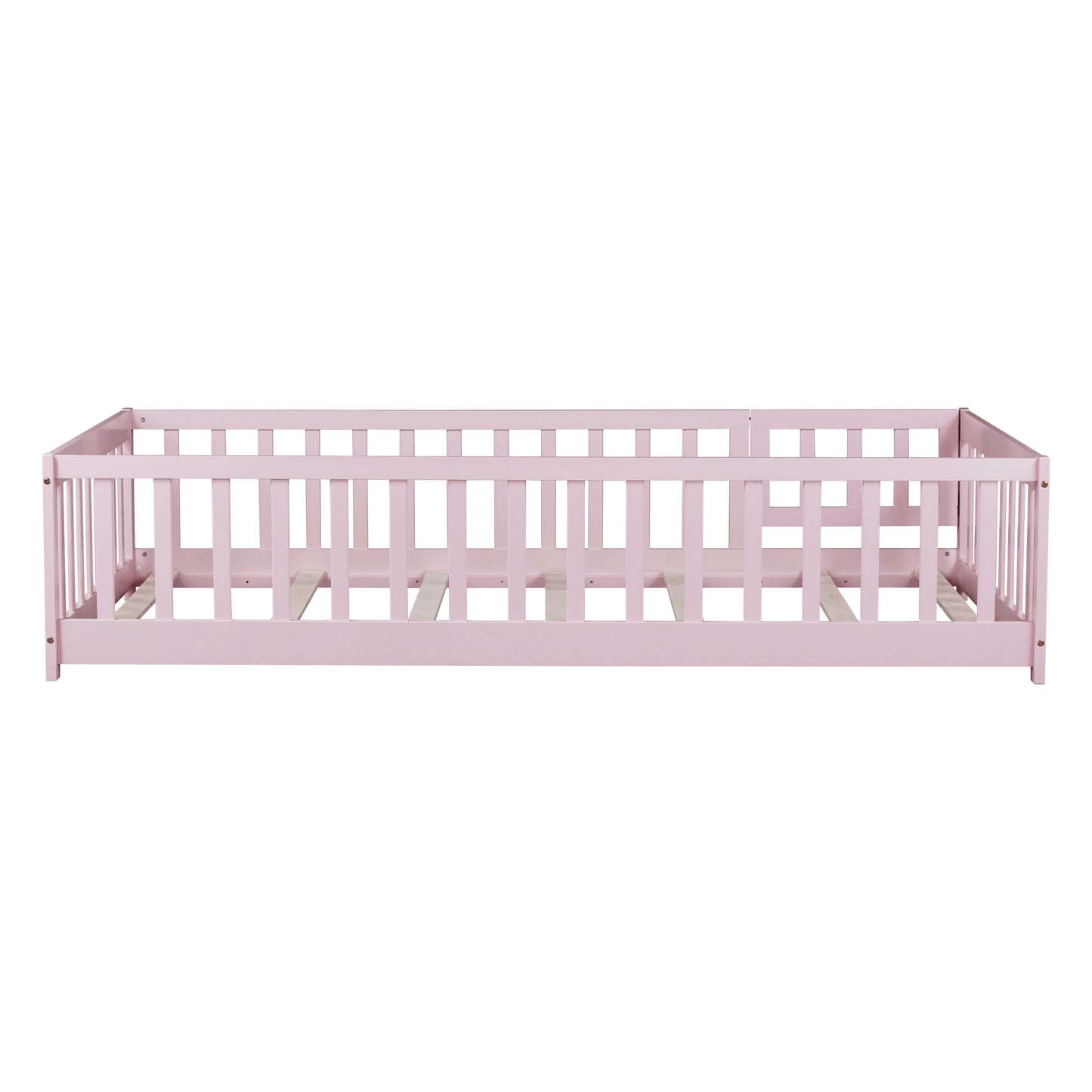 Twin Size Floor Bed with Fence and Door,Rubber Wood Floor Bed with Safety Guardrails,Pink image 11