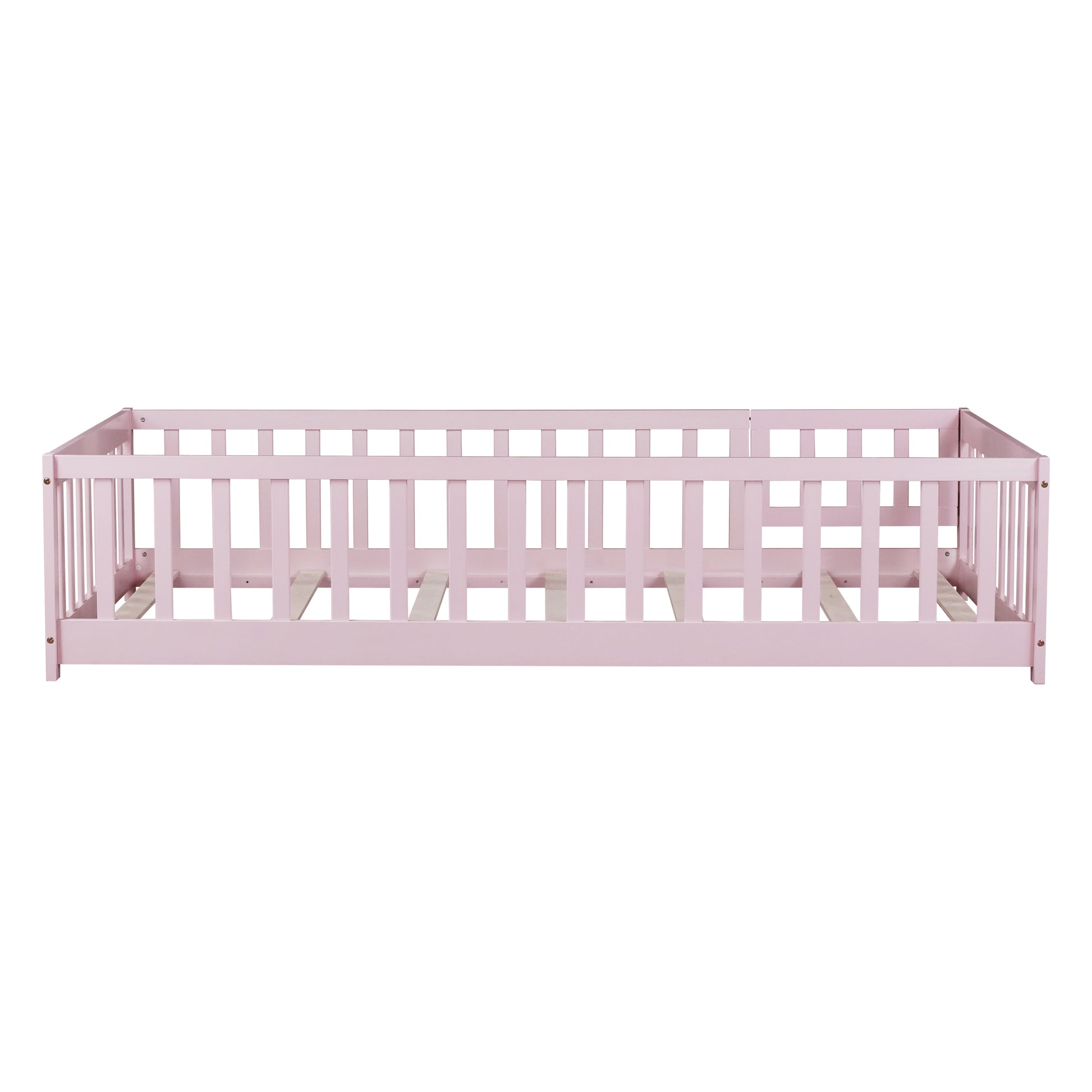 Twin Size Floor Bed with Fence and Door,Rubber Wood Floor Bed with Safety Guardrails,Pink image 11