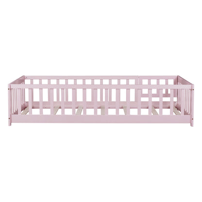Twin Size Floor Bed with Fence and Door,Rubber Wood Floor Bed with Safety Guardrails,Pink image 11