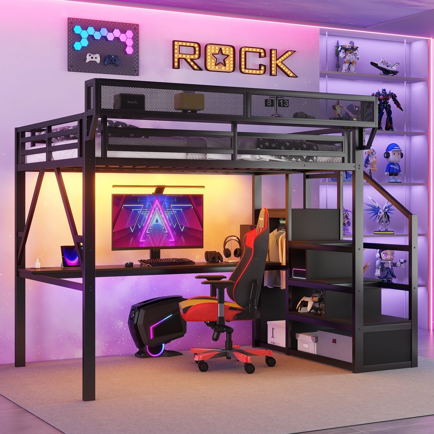 Full Loft Bed with Desk and Charging Station, Full Size Metal Loft Bed with Stairs and Light for Kids Teens, Black image 3