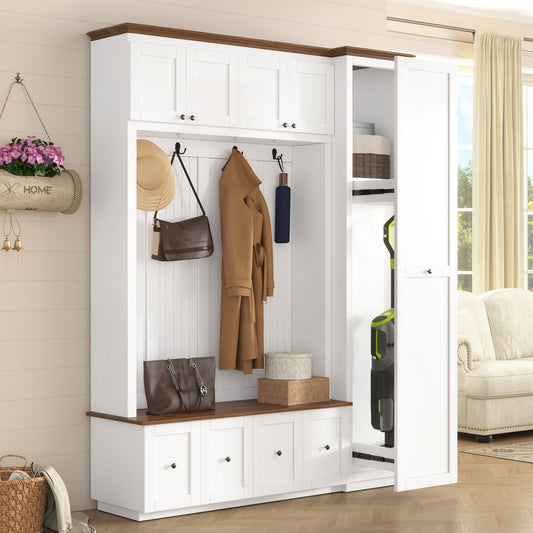VIBE HAUS 78.7''H Entryway Hall Tree with Storage Bench, 5-in-1 Hall Tree Farmhouse Coat Rack Shoe Bench with Cabinets, Drawers & Hooks for Hallway, Entryway, Living Room, Mudroom image 1