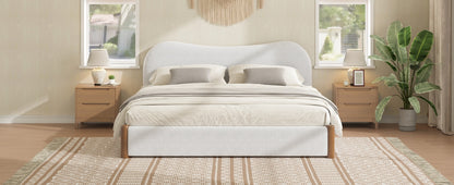 Queen Size Upholstered Platform Bed with Wood Supporting Feet, White image 5