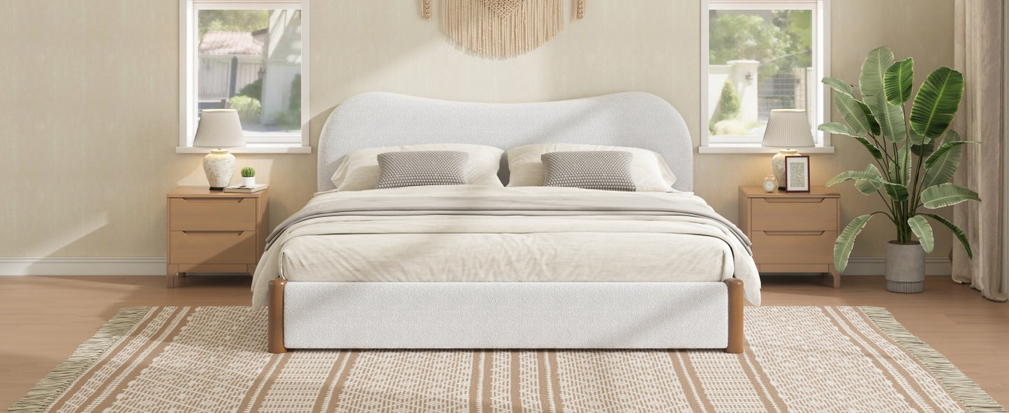Queen Size Upholstered Platform Bed with Wood Supporting Feet, White image 5