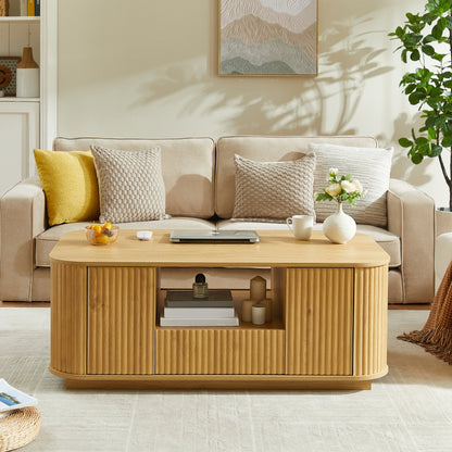 46.5"modern luxury oval coffee table with drawers and storage compartments, curved contour design, living room center coffee table, suitable for living rooms and offices, Natural, 46.5"L*27.2"W*17.7"H image 2