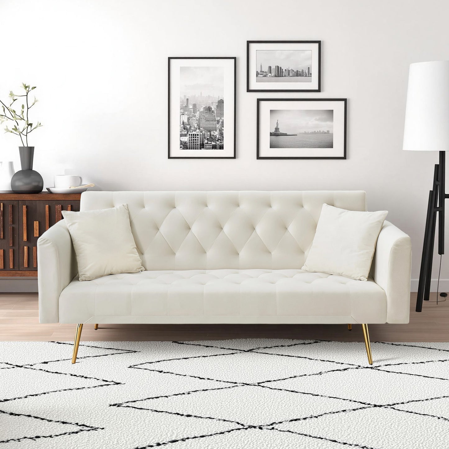 71 inch convertible love seat sofa, American retro beige velvet, suitable for small living room, bedroom, office image 1