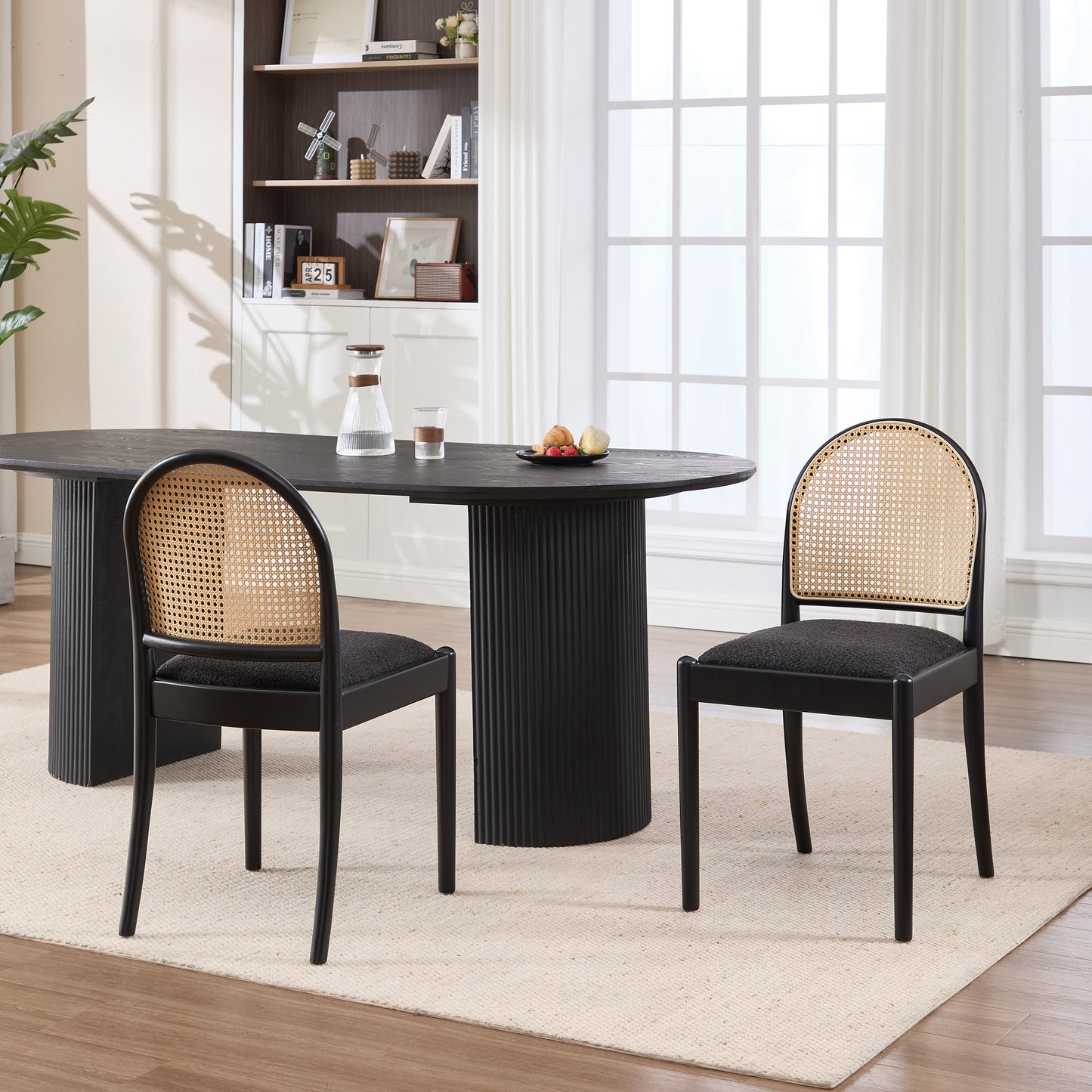 Rattan Dining Chairs Set of 2, Upholstered Linen Dining Room Chairs with Backrests, Modern Kitchen Chairs with Wood Legs for Dining Room, Black image 9