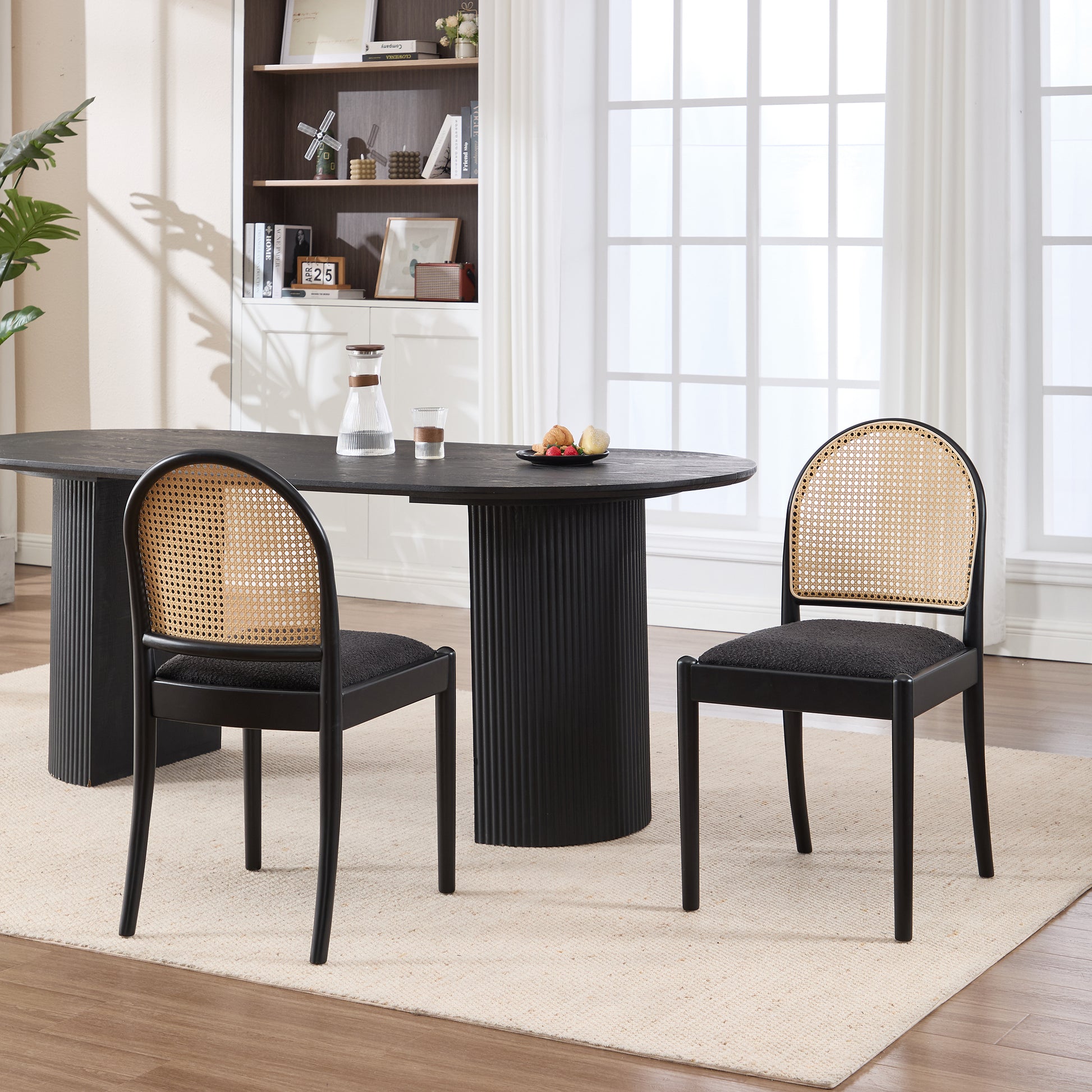 Rattan Dining Chairs Set of 2, Upholstered Linen Dining Room Chairs with Backrests, Modern Kitchen Chairs with Wood Legs for Dining Room, Black image 9