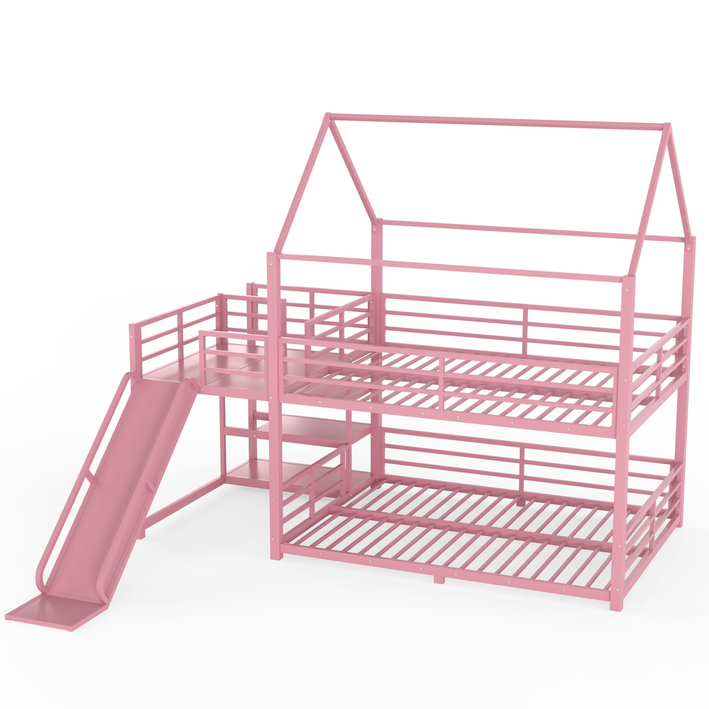 Full Metal House Bunk Bed with Storage Stairs, Slide, Safety Rails, Pink image 12