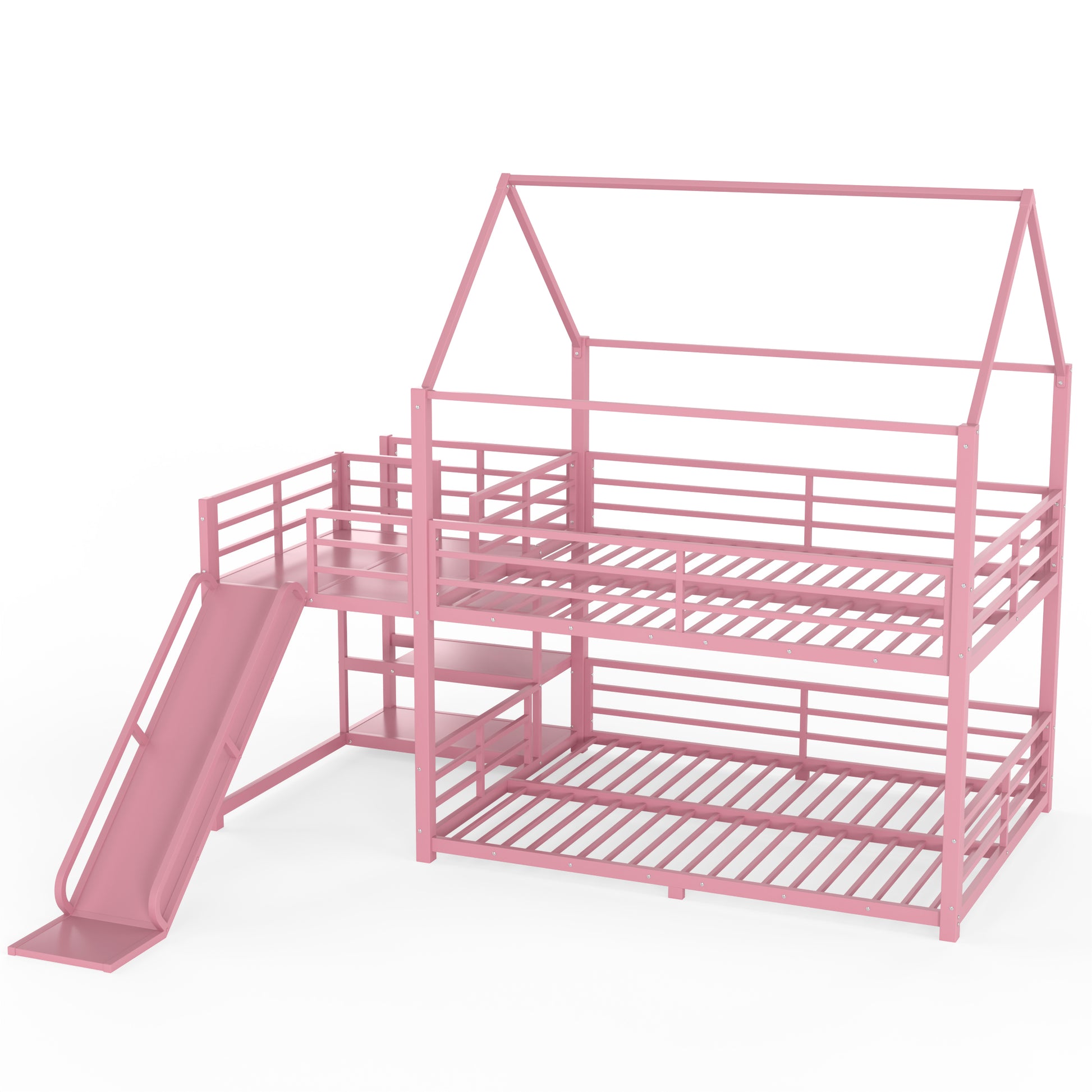 Full Metal House Bunk Bed with Storage Stairs, Slide, Safety Rails, Pink image 12