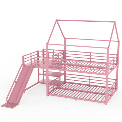 Full Metal House Bunk Bed with Storage Stairs, Slide, Safety Rails, Pink image 12