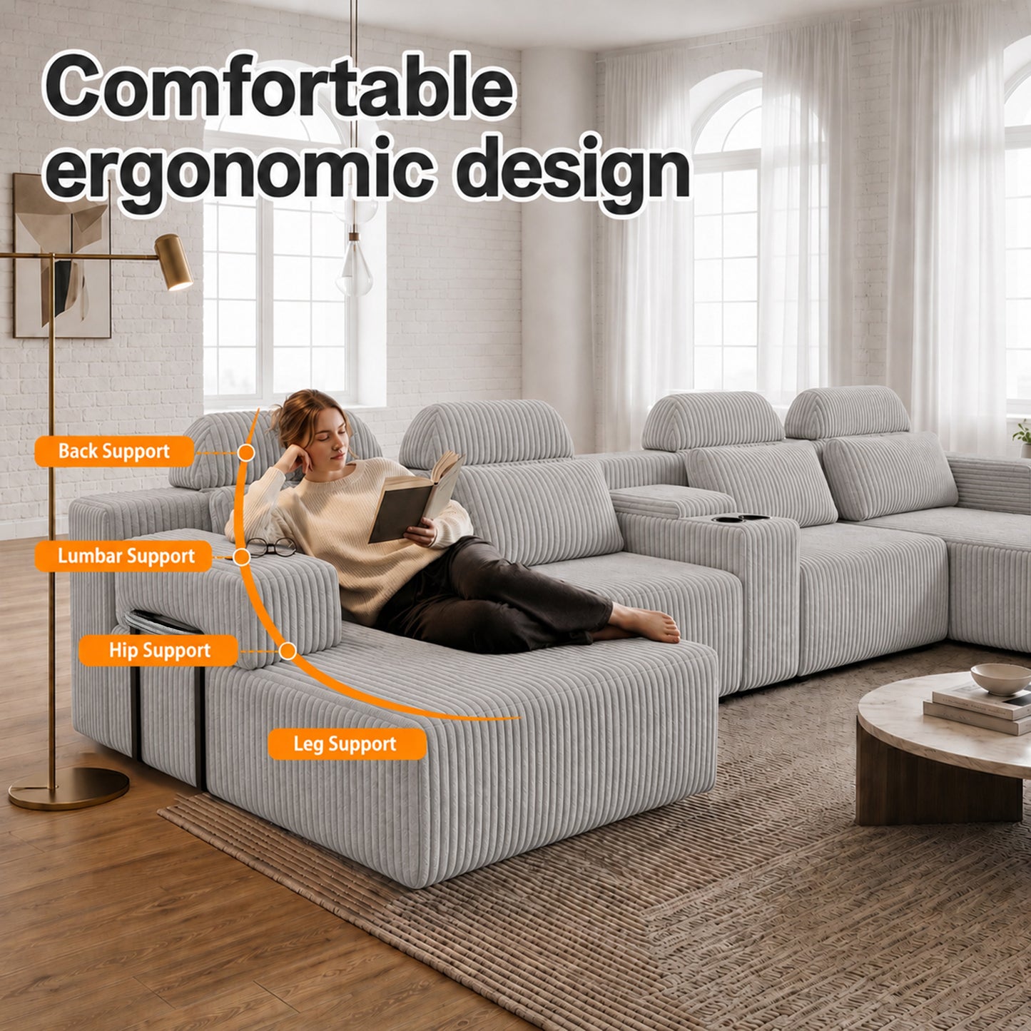 Modern Gray Velvet U-Shaped Velvet Sectional Sofa - 3-Piece Living Room Set with Chaise Lounge & Cup Holders - 145.7"/370cm Extra Large Modular Sofa for Home Theater, Family Room, Luxury Living Space image 3