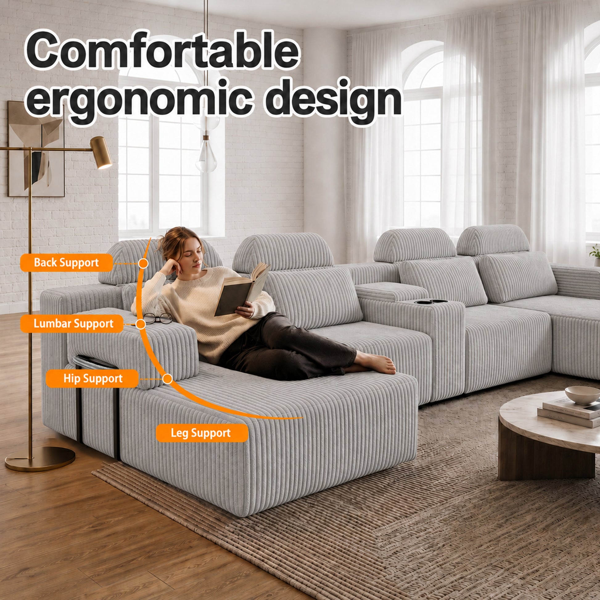 Modern Gray Velvet U-Shaped Velvet Sectional Sofa - 3-Piece Living Room Set with Chaise Lounge & Cup Holders - 145.7"/370cm Extra Large Modular Sofa for Home Theater, Family Room, Luxury Living Space image 3