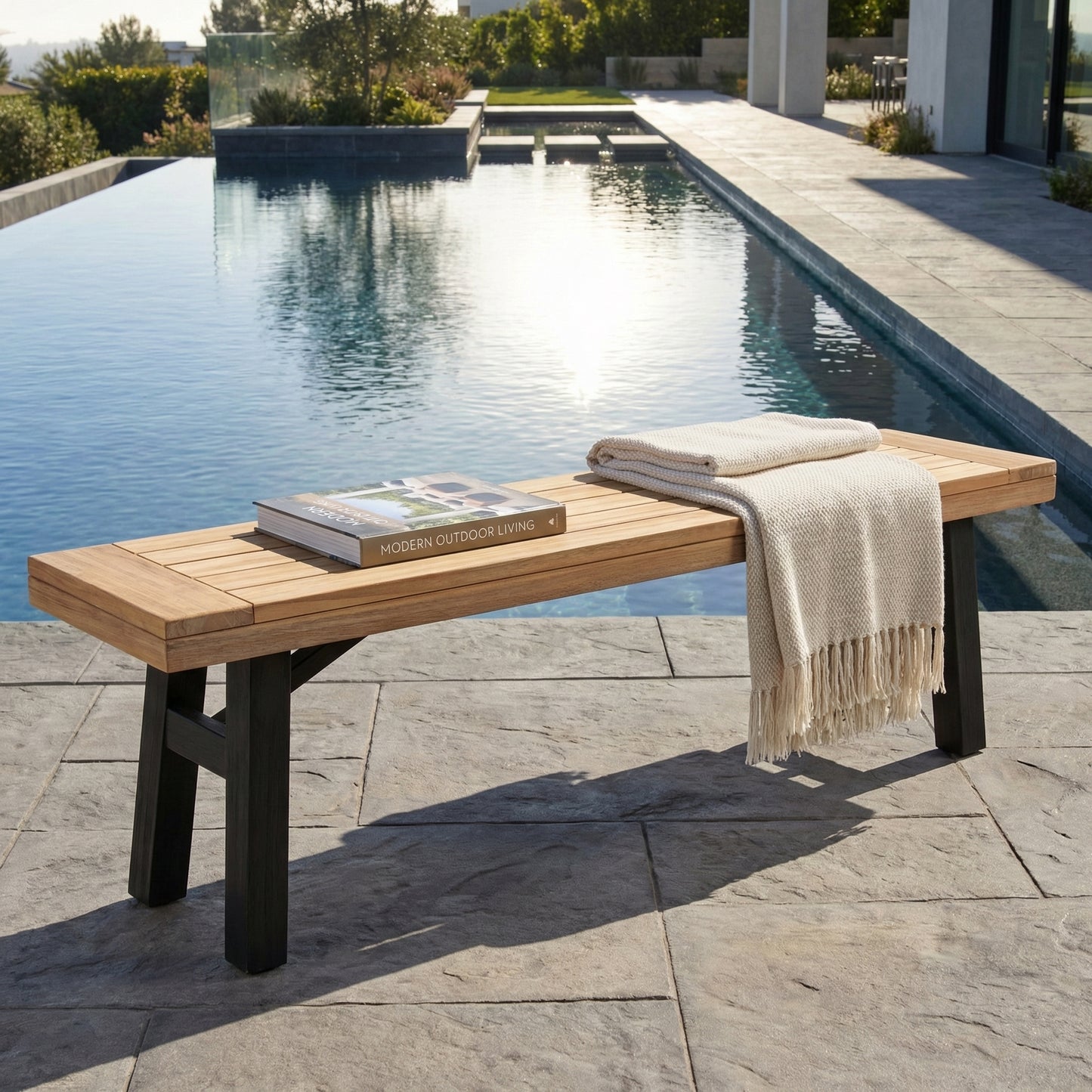 Outdoor Bench with Slat Panel Design and Acacia Wood Frame, Natural and Grey image 2