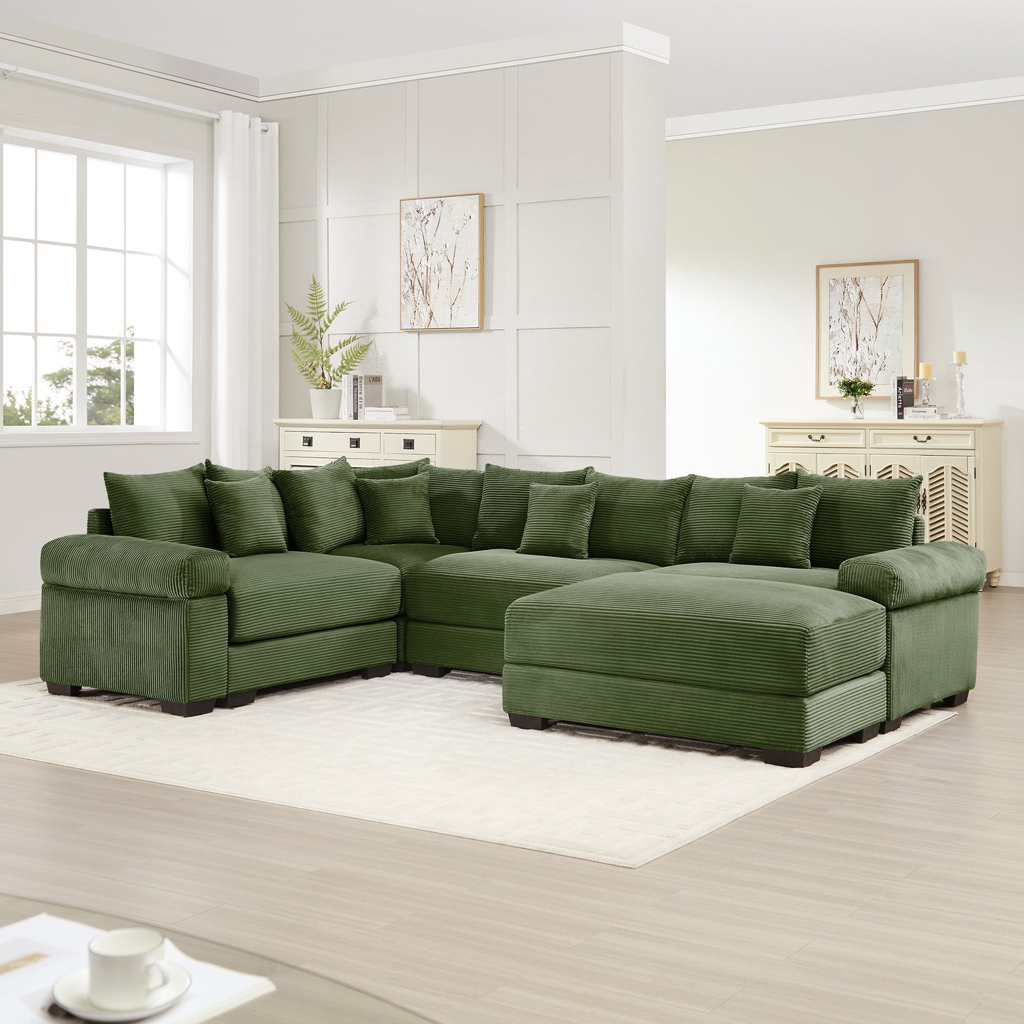 Oversized Cloud Modular Sectional Couch,Convertible Sectional Couches,Extra-Thick Armrests With An Ottoman,Premium Corduroy Fabric, Ergonomic Design, Easy Assembly, For Living Rooms bedroom,Green image 2