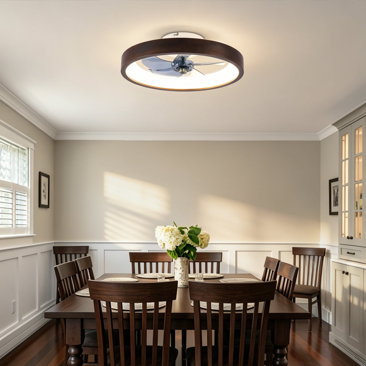 20" Modern Flush Mount Ceiling Fans with Lights Kit (LED), 3000-6500K Dimmable LED Fan Light, 6 Speeds, Quiet DC Motor For Living room, Bedroom,Kitchen----Wood+White image 4