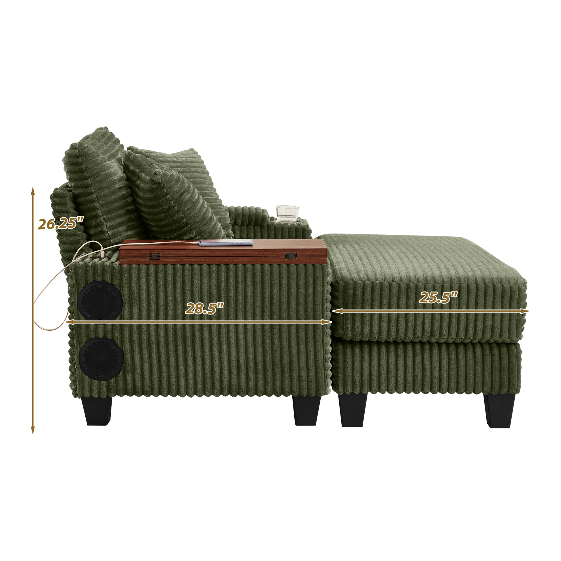 Fluffy Corduroy Storage Armrest Sofa,Single Versatile Seat with Ottoman,Cup Holder,Bluetooth Speaker,USB Ports,180°Rotating Table Board,For Living Room,Bedroom and Apartment image 9