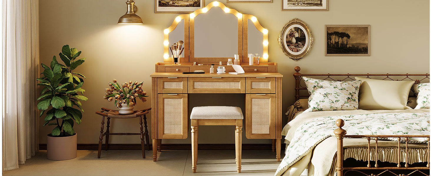 44.37" Makeup Vanity Desk with Stool Set, 13 Hollywood Bulbs & 3 Lighting Modes Dressing Table, Tri-Fold Mirror Large Vanity Table with Cushioned Stool, Charging Station, Ample Storage, Natural image 12
