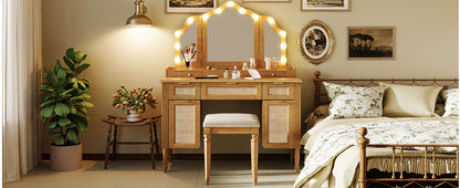 44.37" Makeup Vanity Desk with Stool Set, 13 Hollywood Bulbs & 3 Lighting Modes Dressing Table, Tri-Fold Mirror Large Vanity Table with Cushioned Stool, Charging Station, Ample Storage, Natural image 12