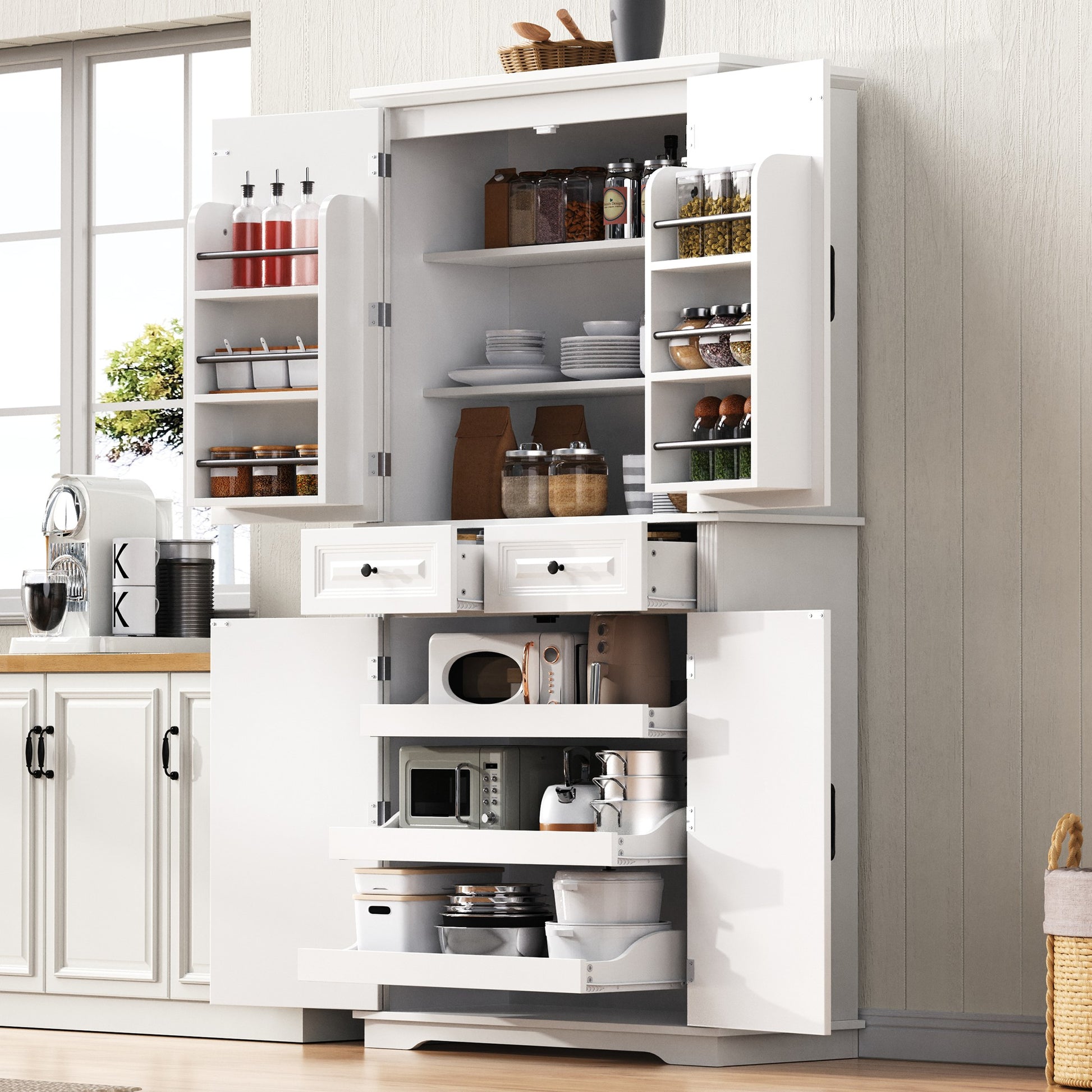 K&K 71" Tall Kitchen Pantry Cabinet with 3 Pull Out Cabinet Organizers, Farmhouse Embossed Texture Storage Cabinet with 6 Door Shelves, 2 Drawers, Freestanding Cupboard for Kitchen, Dining Room White image 1