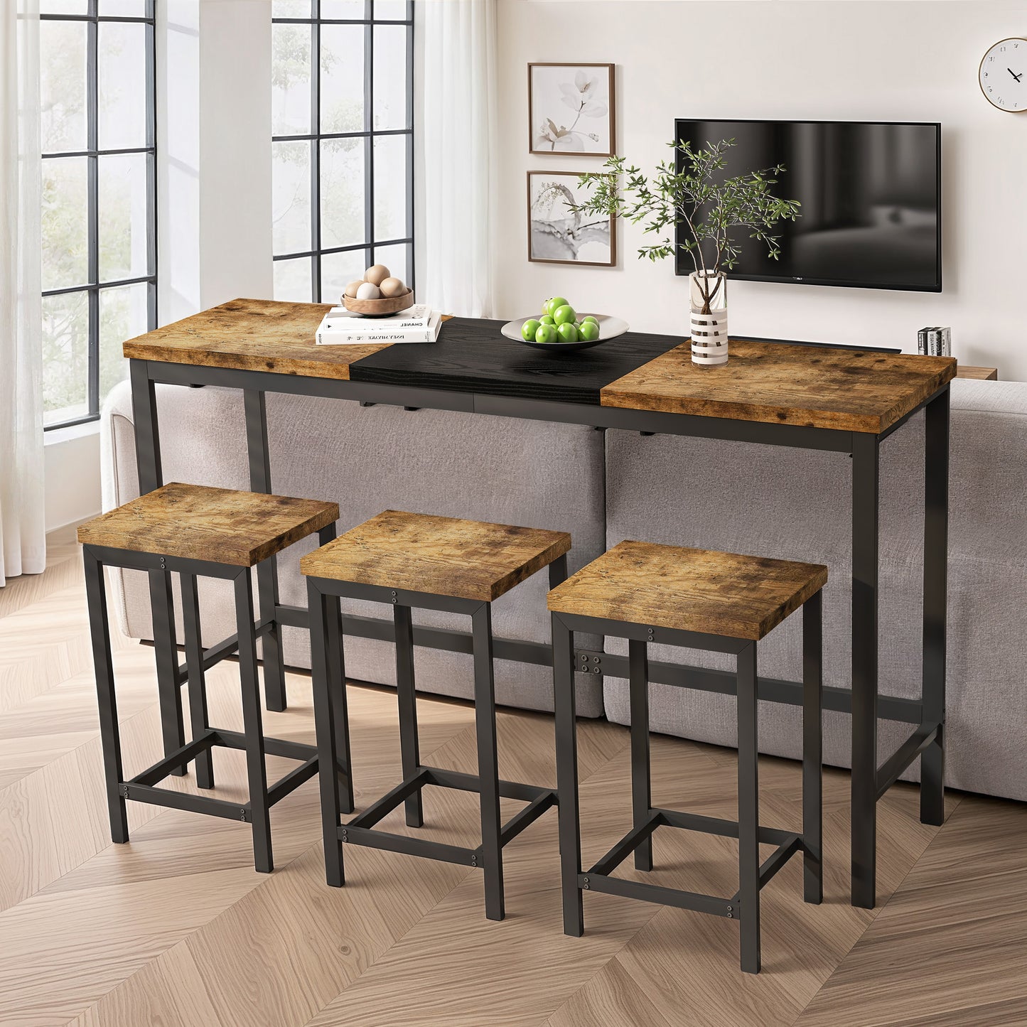 Modern Design Kitchen Dining Table, Pub Table, Long Dining Table Set with 3 Stools, Convenient Hanging Stool Design, Natural+Black,(Same SKU:W757P146463) image 1