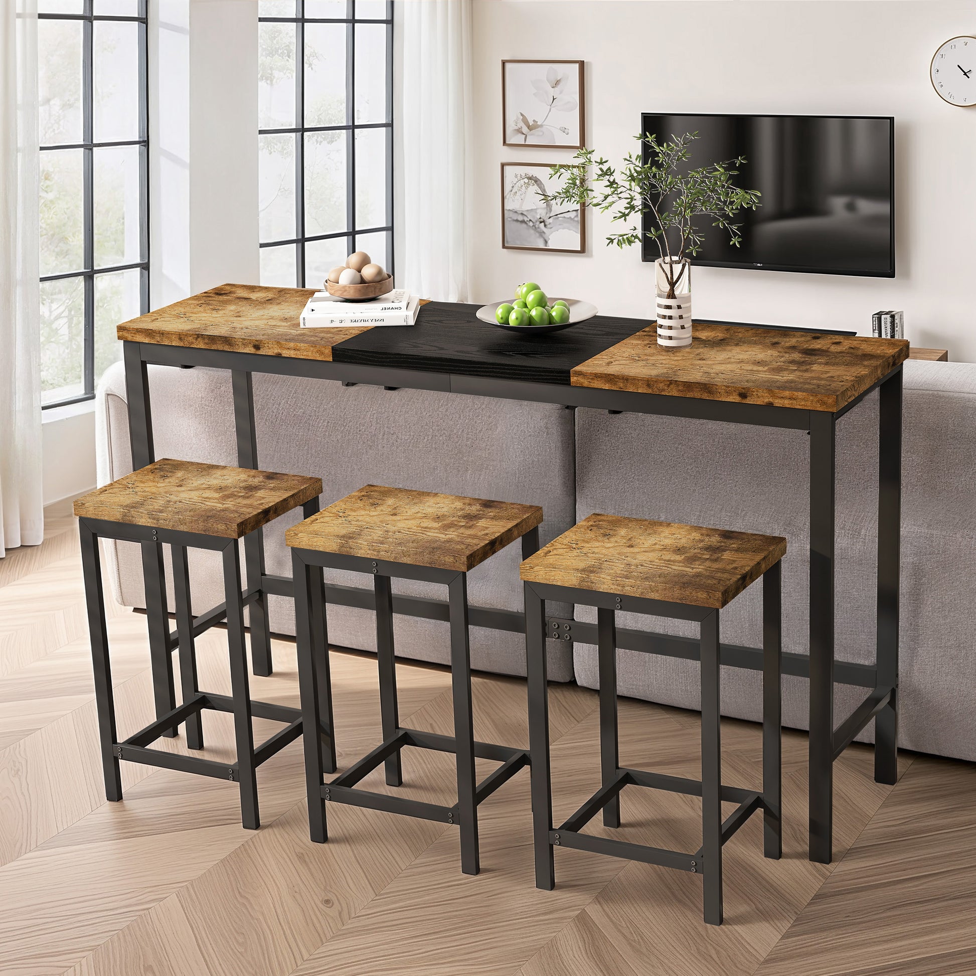 Modern Design Kitchen Dining Table, Pub Table, Long Dining Table Set with 3 Stools, Convenient Hanging Stool Design, Natural+Black,(Same SKU:W757P146463) image 1