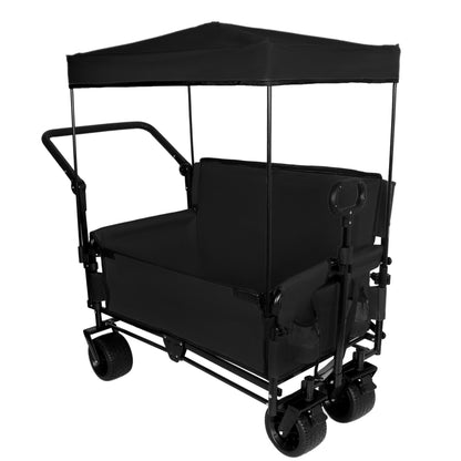 3-in-1 Folding Wagon Cart with Bench Seat & Canopy & Storage, 500lbs Heavy-Duty, 180L Capacity, All-Terrain Wagon for Camping, Beach, Sports, & Garden, Black image 8