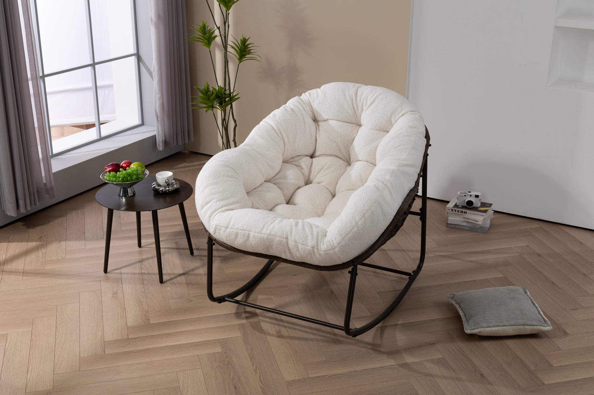 Outdoor Rattan Rocking Chair,Padded Cushion Rocker Recliner Chair Outdoor for Front Porch, Living Room, Patio, Garden, White image 9