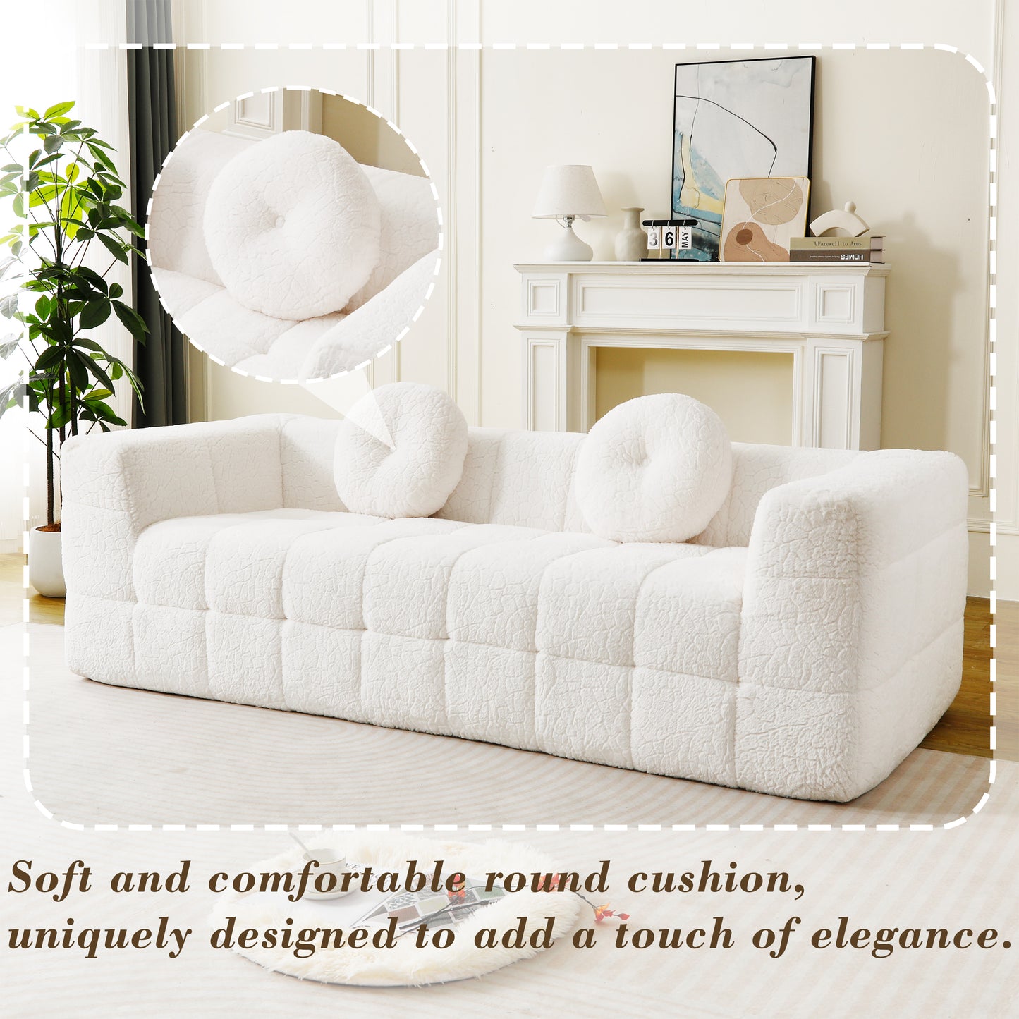 84.6-inch Modern Boneless Couch with Two Circular throw pillows,Skin-friendly lychee-textured long-pile polyester fabric,Checkered Fabric Design Three-Seater Foam Sofa image 4