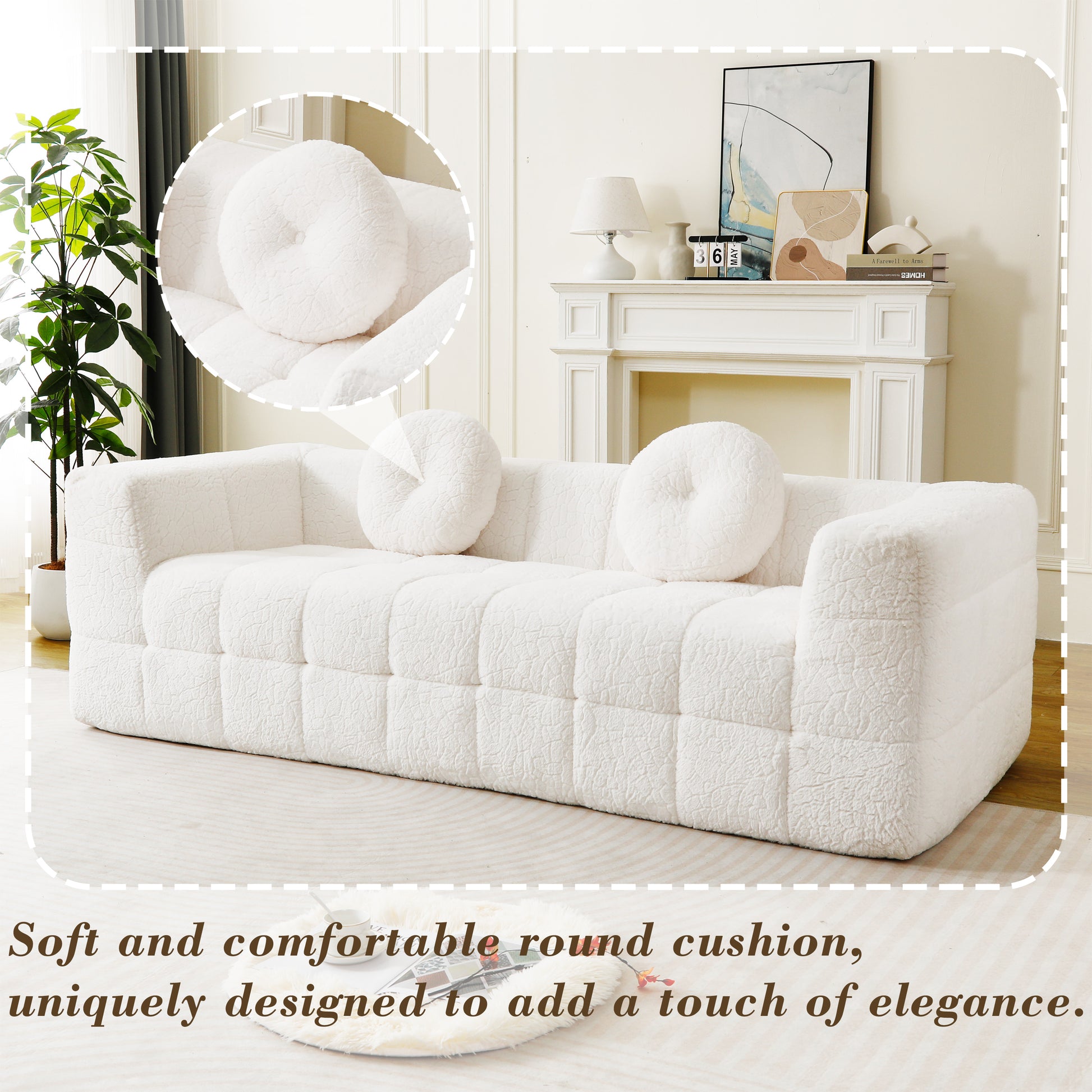 84.6-inch Modern Boneless Couch with Two Circular throw pillows,Skin-friendly lychee-textured long-pile polyester fabric,Checkered Fabric Design Three-Seater Foam Sofa image 4