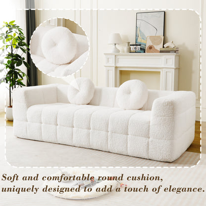 84.6-inch Modern Boneless Couch with Two Circular throw pillows,Skin-friendly lychee-textured long-pile polyester fabric,Checkered Fabric Design Three-Seater Foam Sofa image 4