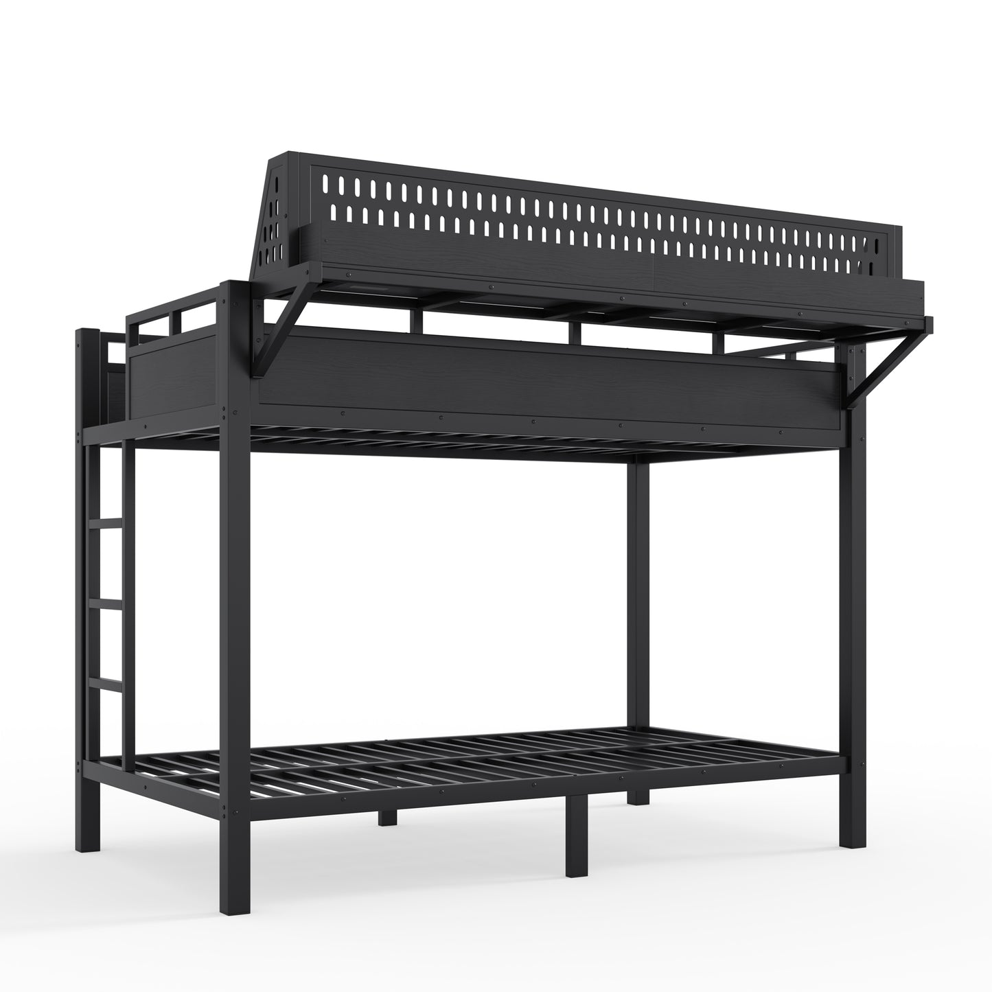Twin XL over Twin XL Size Metal Bunk Bed with Storage Shelves and Pegboard, Bunk Bed Frame with USB Ports and LED Lights, Space-Saving, for Teens and Adults, Black image 11