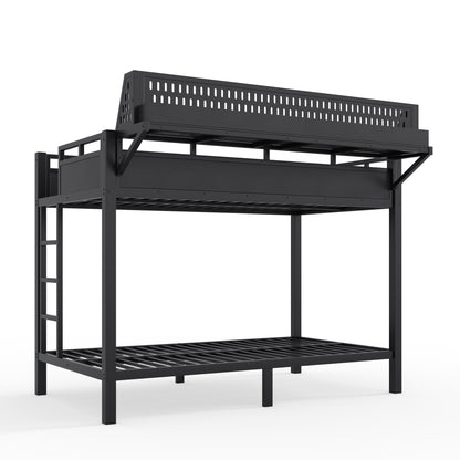 Twin XL over Twin XL Size Metal Bunk Bed with Storage Shelves and Pegboard, Bunk Bed Frame with USB Ports and LED Lights, Space-Saving, for Teens and Adults, Black image 11