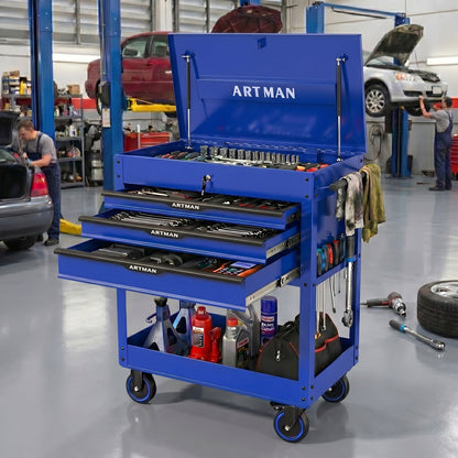 3 DRAWERS MULTIFUNCTIONAL TOOL CART WITH WHEELS AND STEEL TOP-Blue&Black image 2