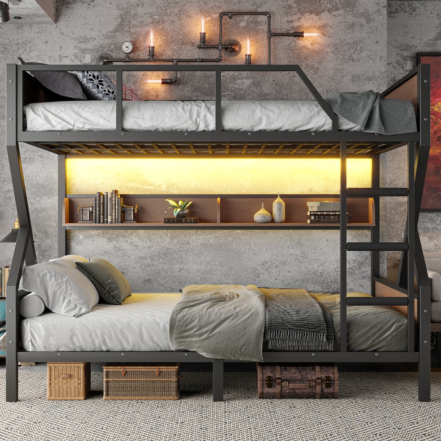 Queen over Queen Bunk Bed, Metal Bunk Bed with Storage Shelves and Lights, Space-saving & Noise-free Design, Black image 3