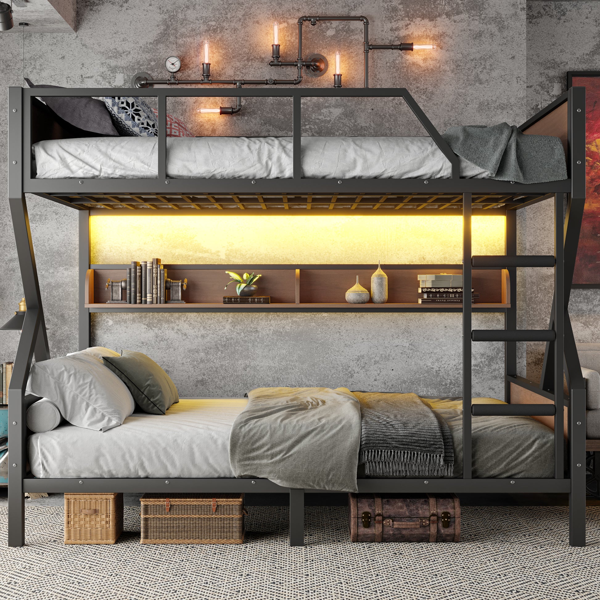 Queen over Queen Bunk Bed, Metal Bunk Bed with Storage Shelves and Lights, Space-saving & Noise-free Design, Black image 3